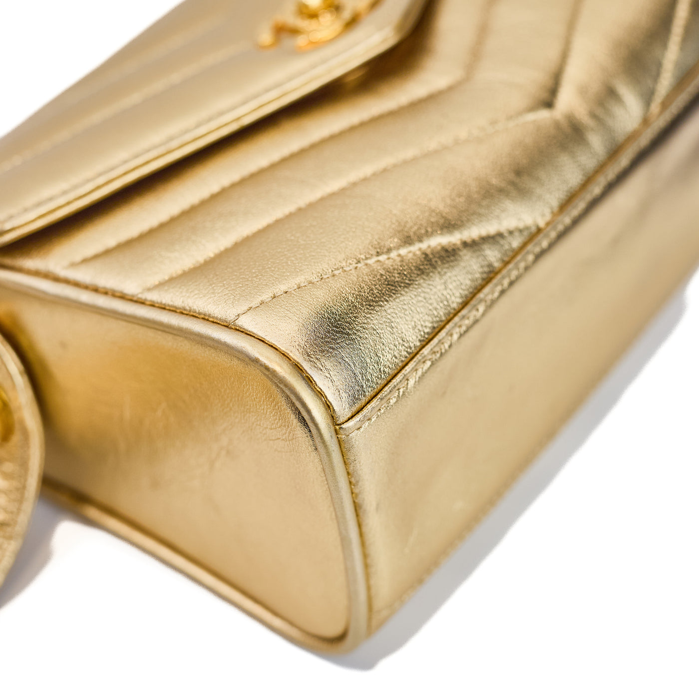 Chanel Vintage Metallic Gold Lambskin Chevron Camera Bag