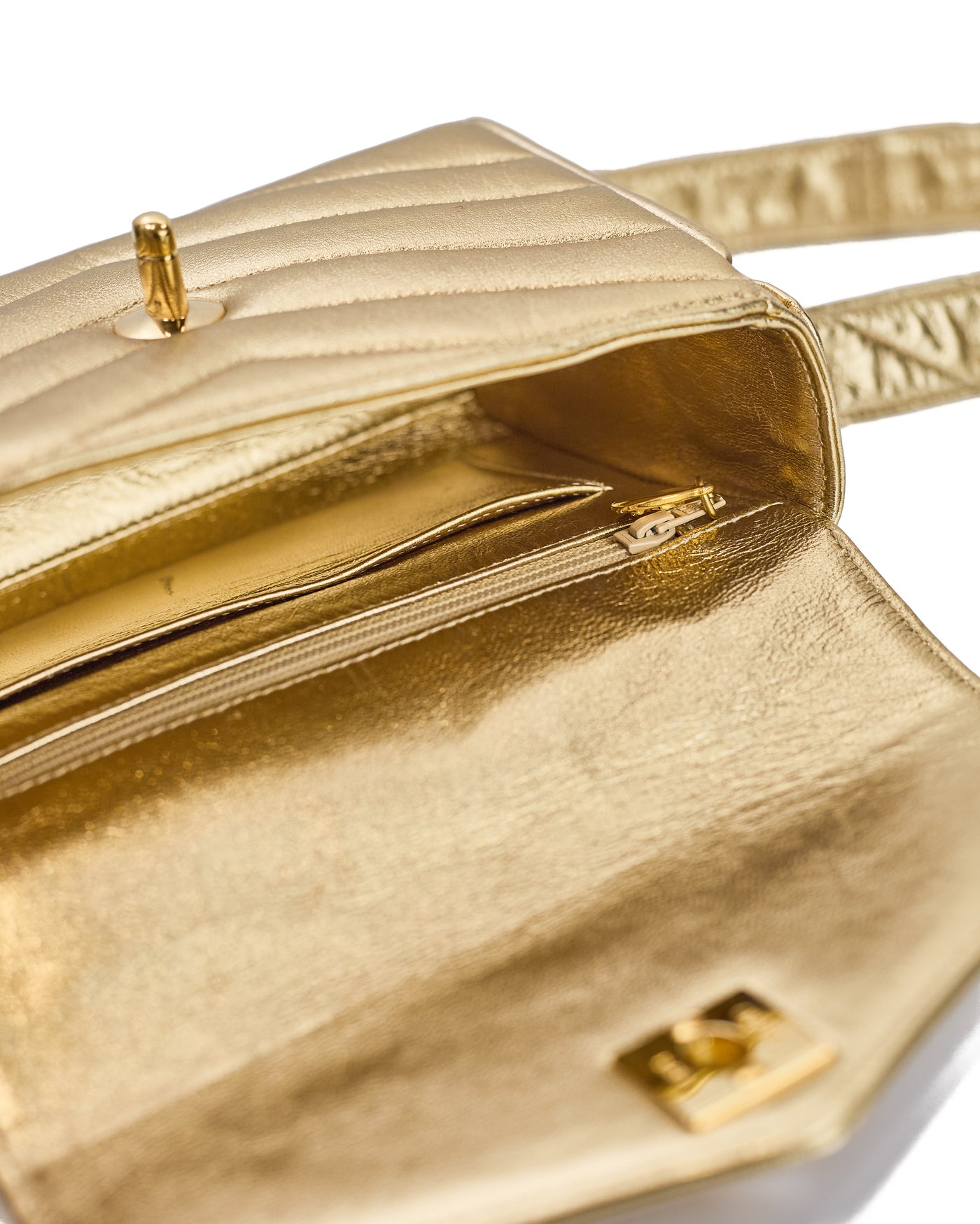 Chanel Vintage Metallic Gold Lambskin Chevron Camera Bag