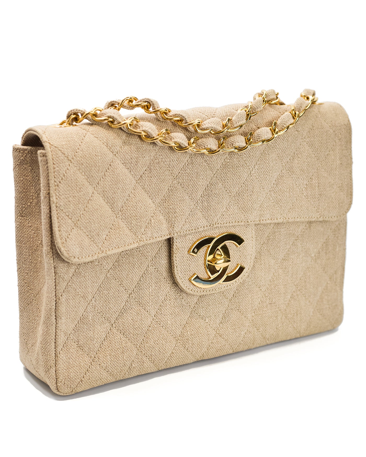 Chanel Vintage Beige Linen Jumbo Single Flap