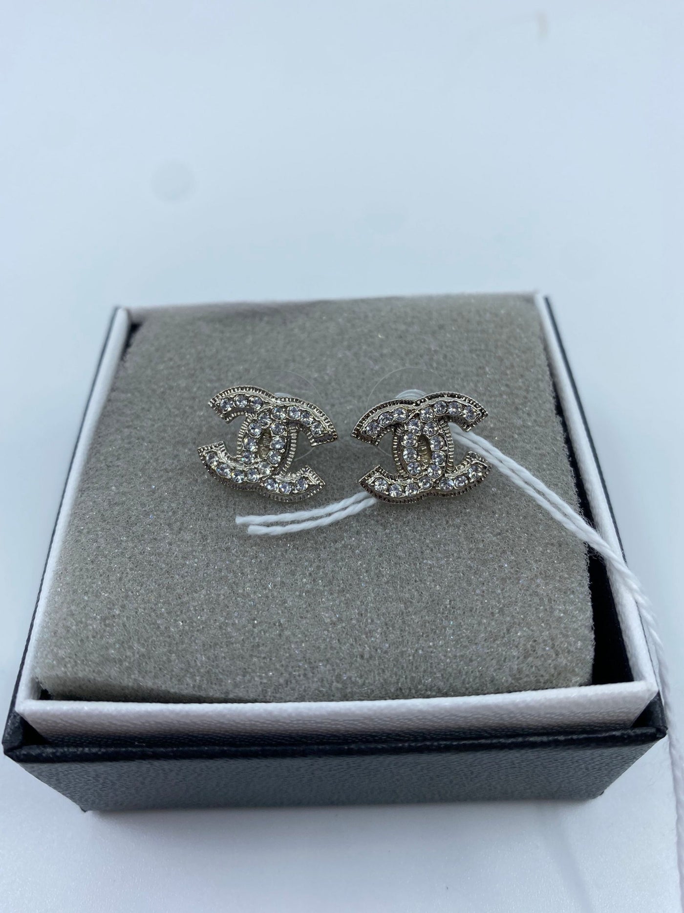 Chanel Classic Silver CC Rim Frame Crystal Earrings