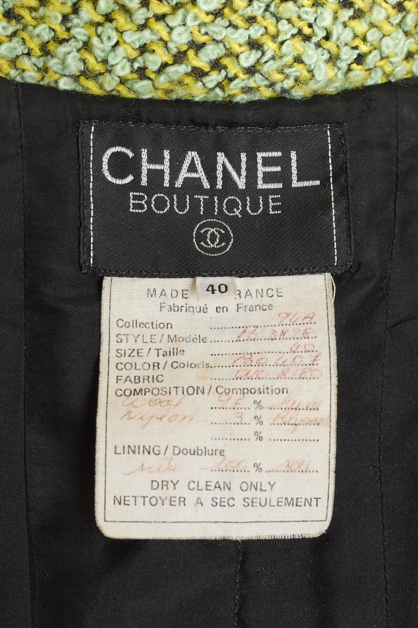 Chanel Vintage 1994 FW Runway Green Tweed Jacket