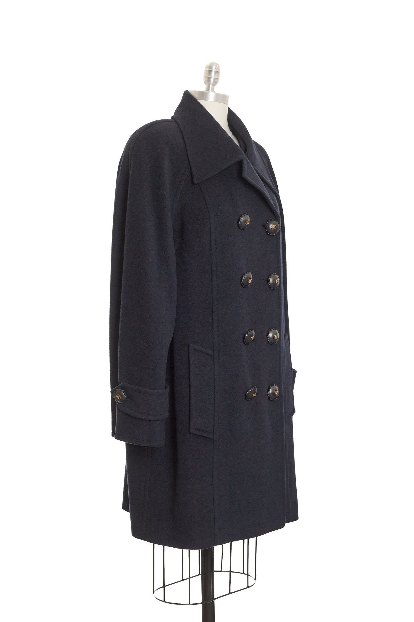 Chanel Vintage CC Logo Button Dark Blue Cashmere Long Coat