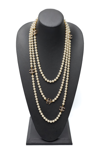 Chanel Crystal CC Faux Pearl Extra Long Necklace