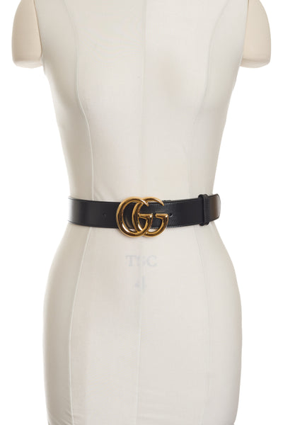 Gucci Wide Black Leather Polished Gold GG Marmont Belt 70
