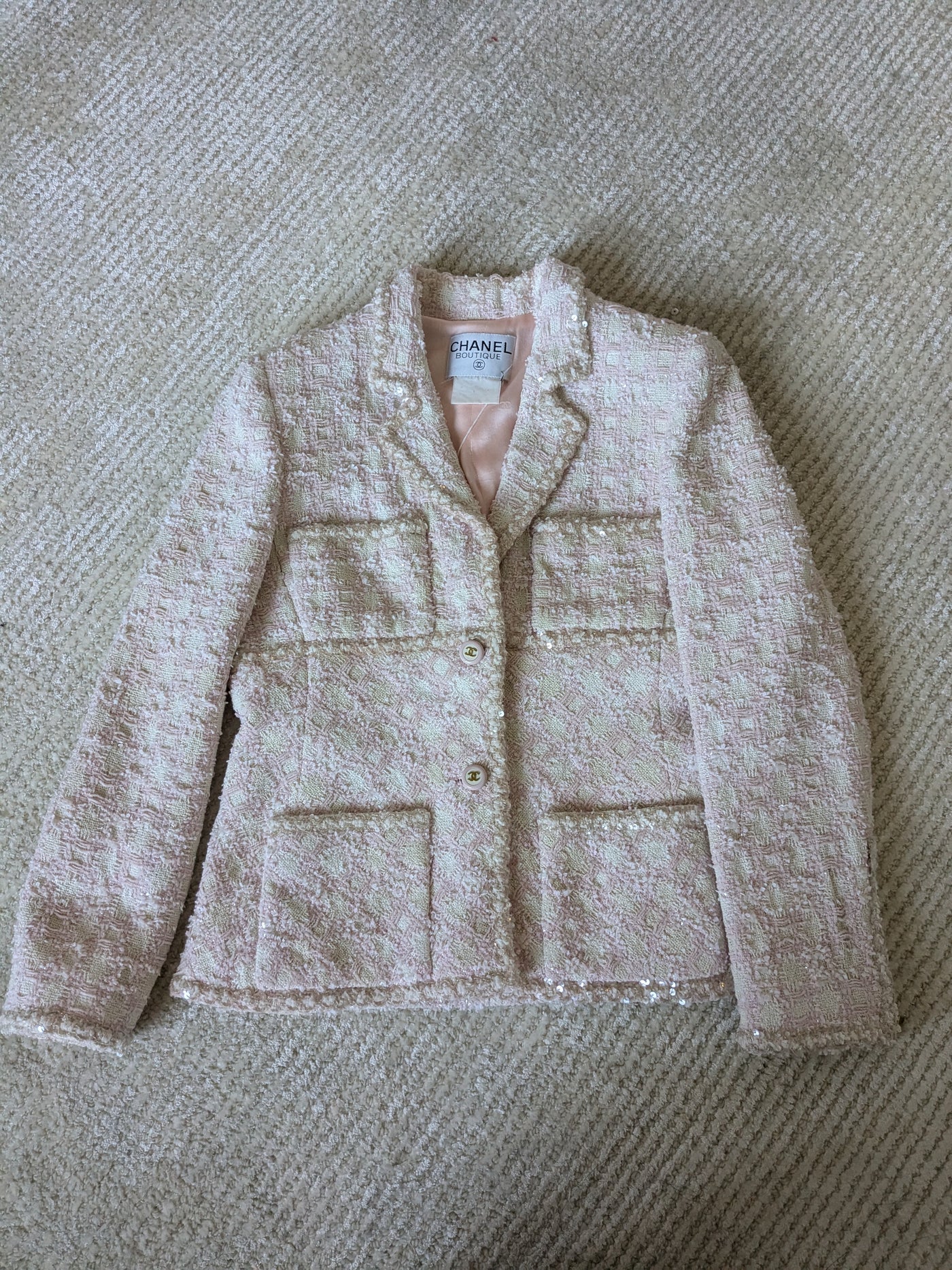 Chanel Vintage 1995 SS Barbie Runway Pale Pink and Sequin Skirt Suit Set