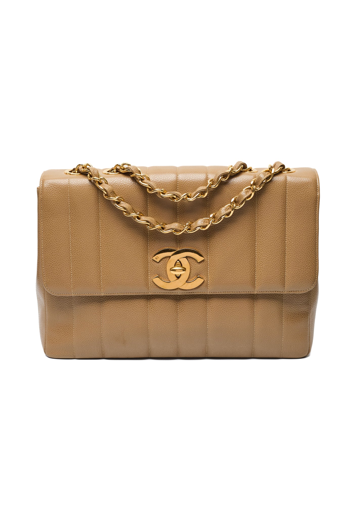 Chanel Vintage Mademoiselle Beige Caviar CC Single Flap
