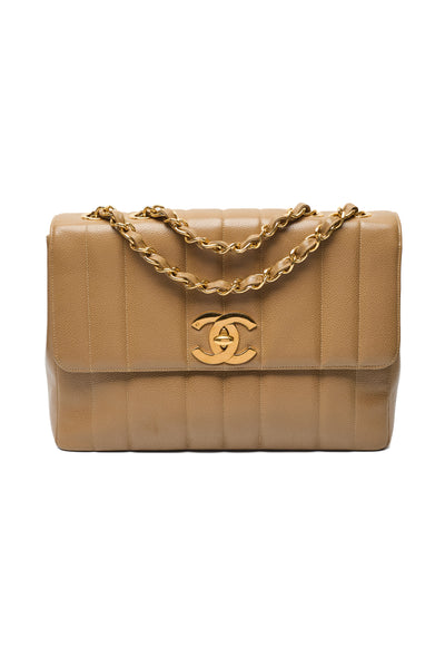 Chanel Vintage Mademoiselle Beige Caviar CC Single Flap