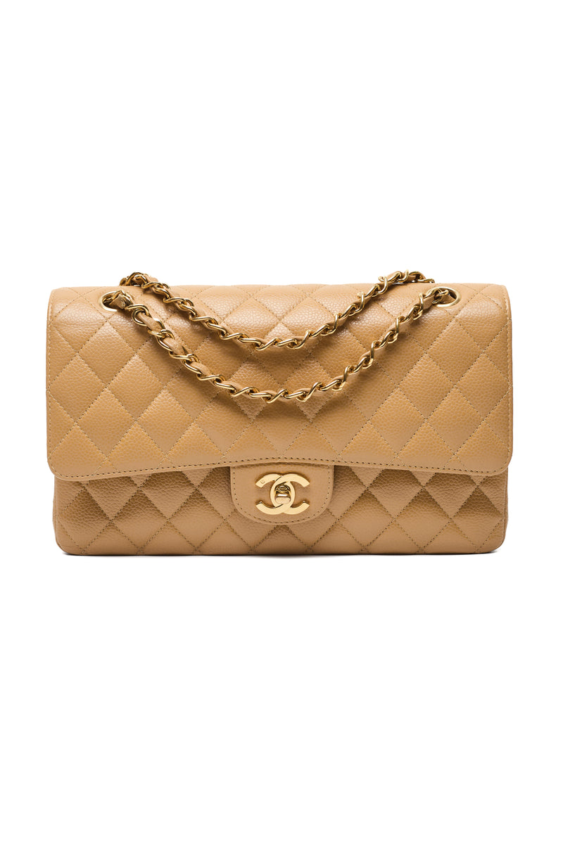 Chanel Rare 24k Gold Plated Vintage Beige Caviar Classic Medium Double Flap