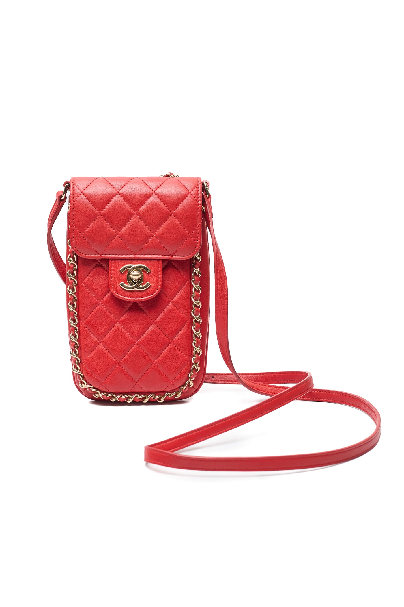 Chanel Red Lambskin Chain Around Phone Holder