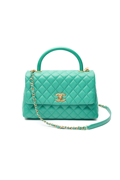 Chanel Green Caviar Small Coco Top Handle Bag with Lizard Embossed Top Handle