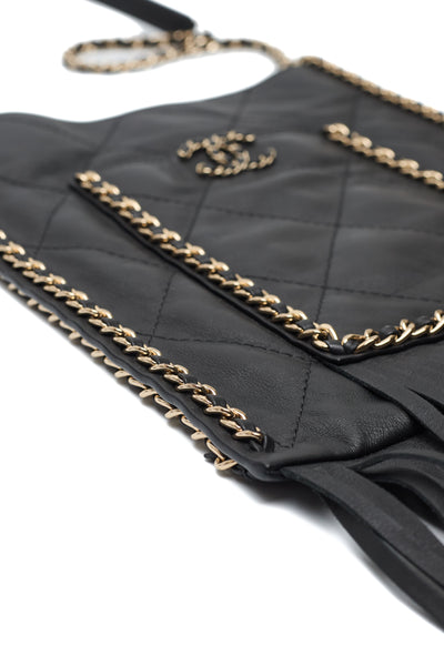 Chanel 2022 Cruise Runway Black Calfskin Chain Around Flap Shopping Tote