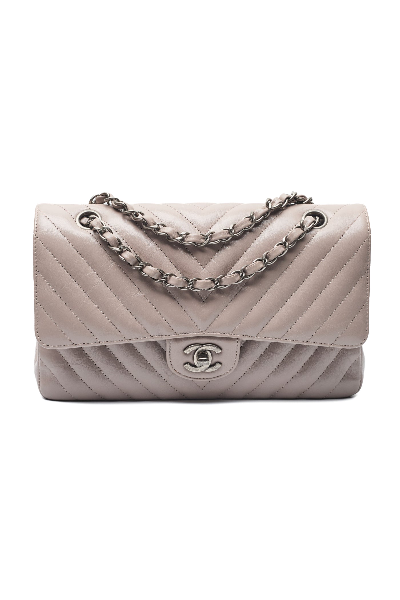 Chanel Taupe Crinkled Calfskin Chevron Medium Classic Double Flap