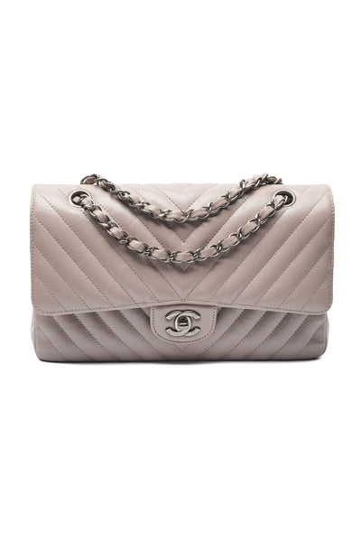 Chanel Taupe Crinkled Calfskin Chevron Medium Classic Double Flap