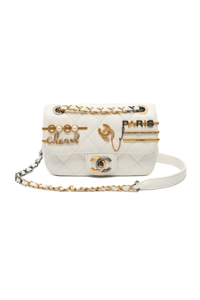 Chanel Limited Edition 2022 White Calfskin Logo Charm Mini Flap Bag