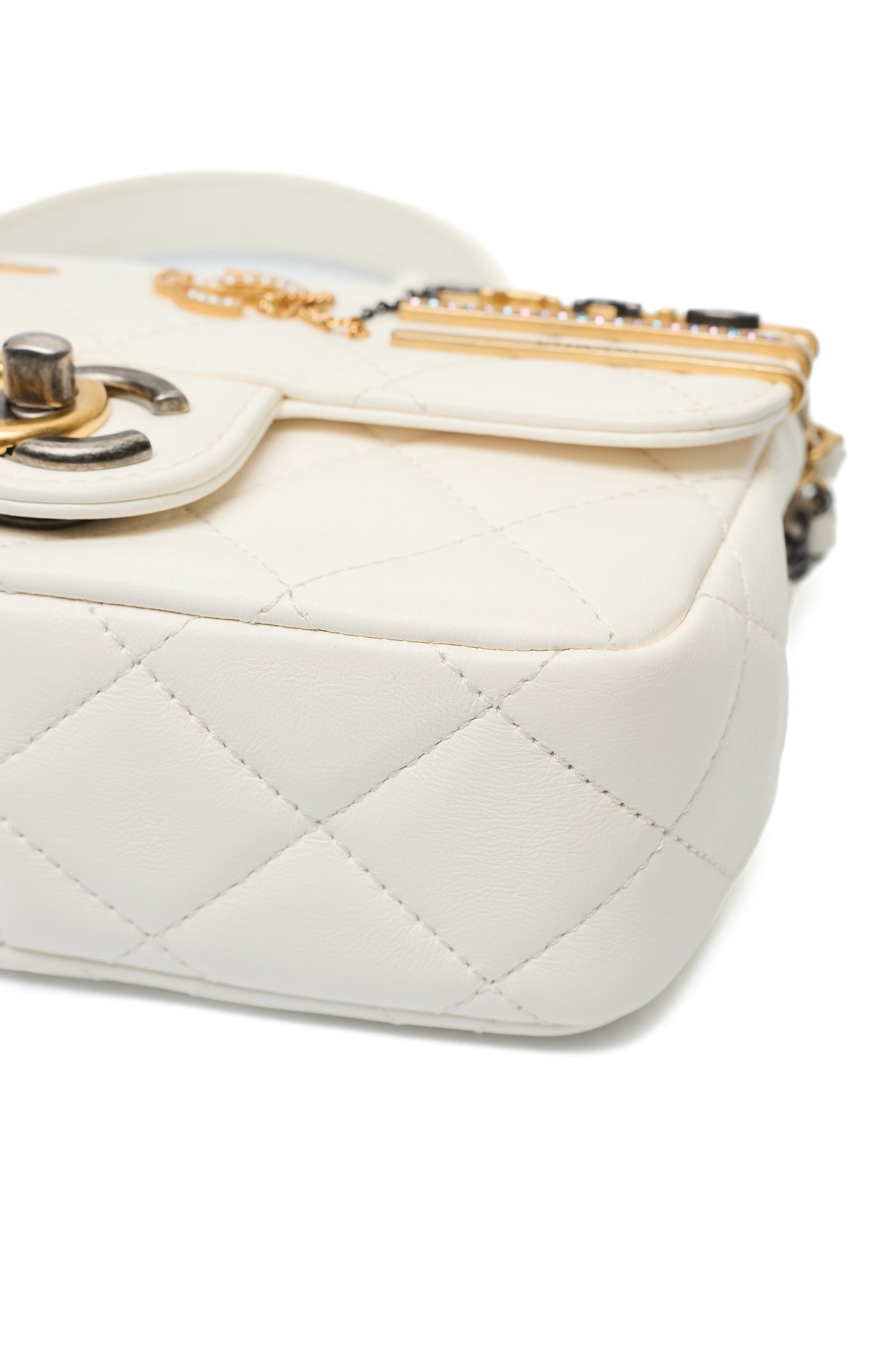 Chanel Limited Edition 2022 White Calfskin Logo Charm Mini Flap Bag
