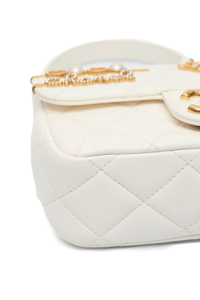 Chanel Limited Edition 2022 White Calfskin Logo Charm Mini Flap Bag