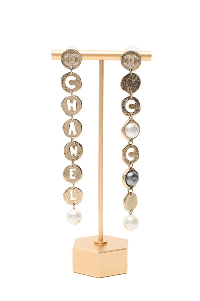 Chanel Faux Pearl and Crystal Logo Drop Earrings