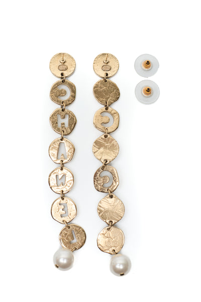 Chanel Faux Pearl and Crystal Logo Drop Earrings