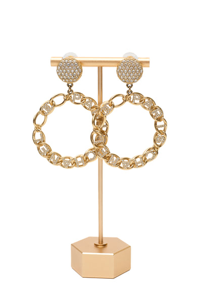 Chanel Crystal Encrusted Logo Hoop Drop Earrings