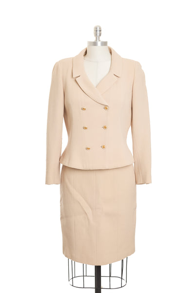 Chanel Vintage Beige Wool Skirt Suit Set