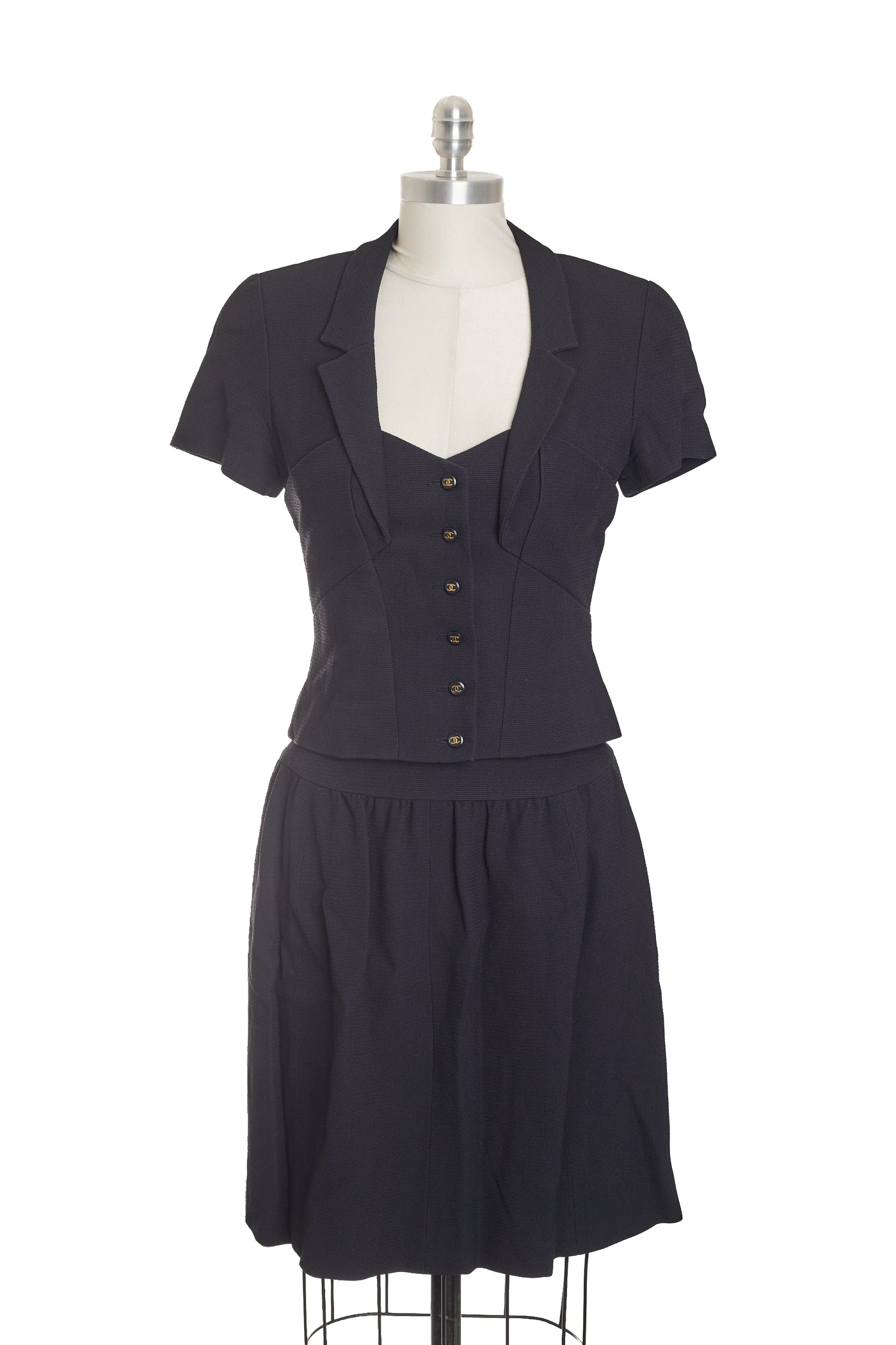 Chanel Vintage 1995P Black Cropped Button Up Shirt and Skirt Set