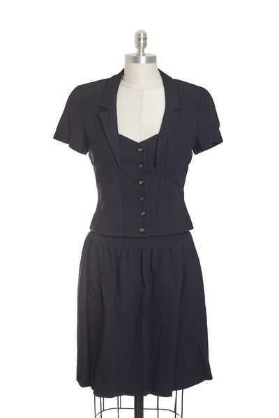 Chanel Vintage 1995P Black Cropped Button Up Shirt and Skirt Set