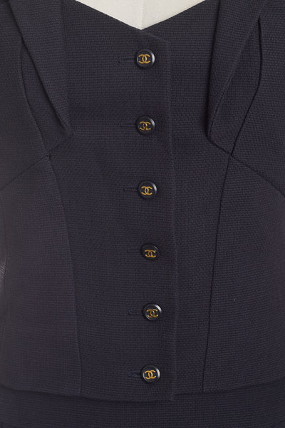 Chanel Vintage 1995P Black Cropped Button Up Shirt and Skirt Set