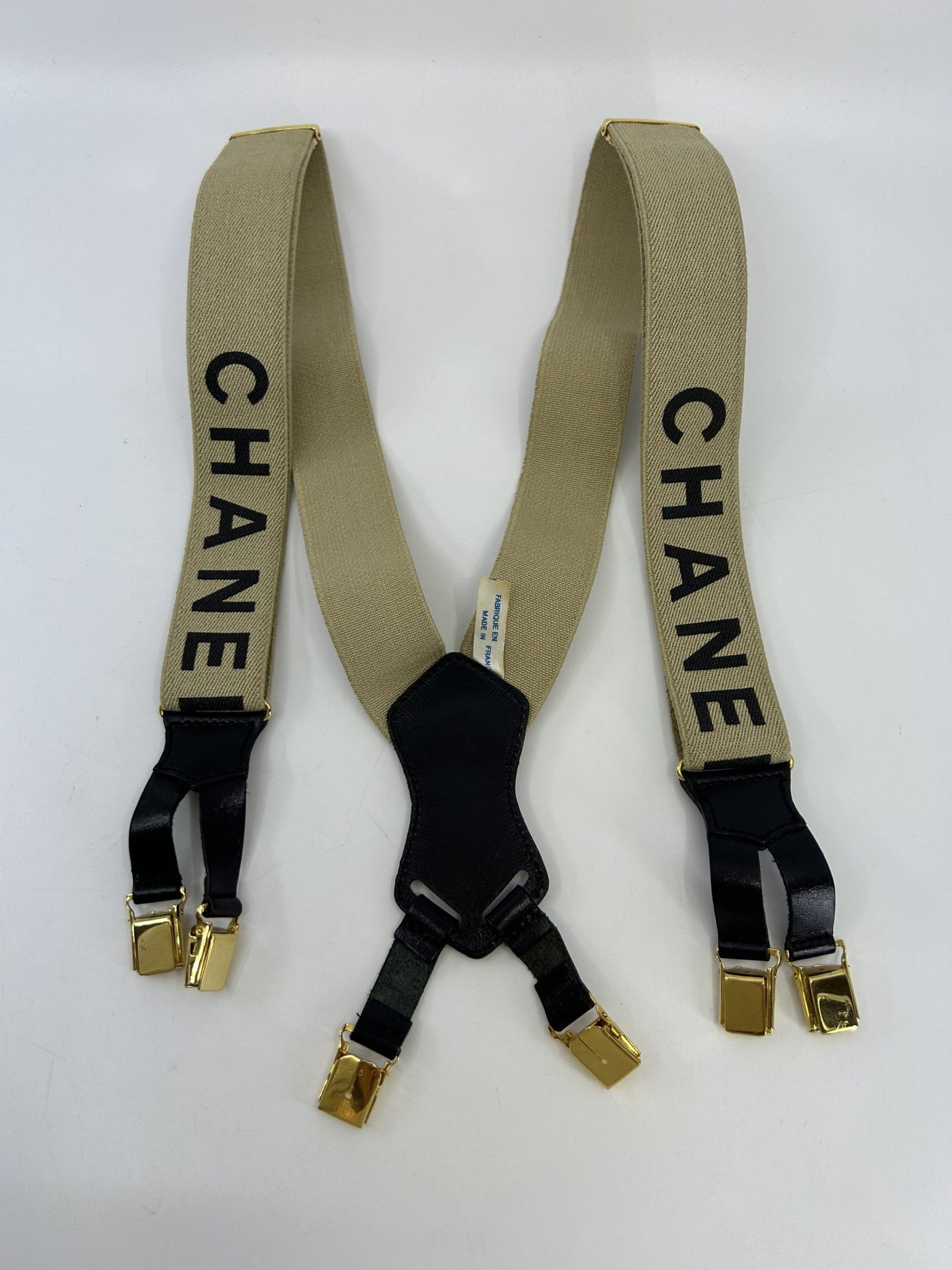 Chanel Vintage 1994 Runway Beige Logo Suspenders