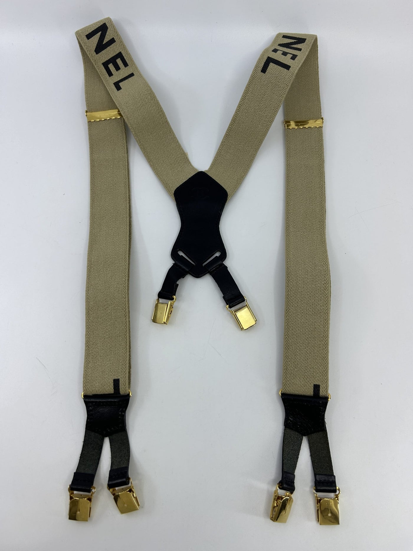 Chanel Vintage 1994 Runway Beige Logo Suspenders