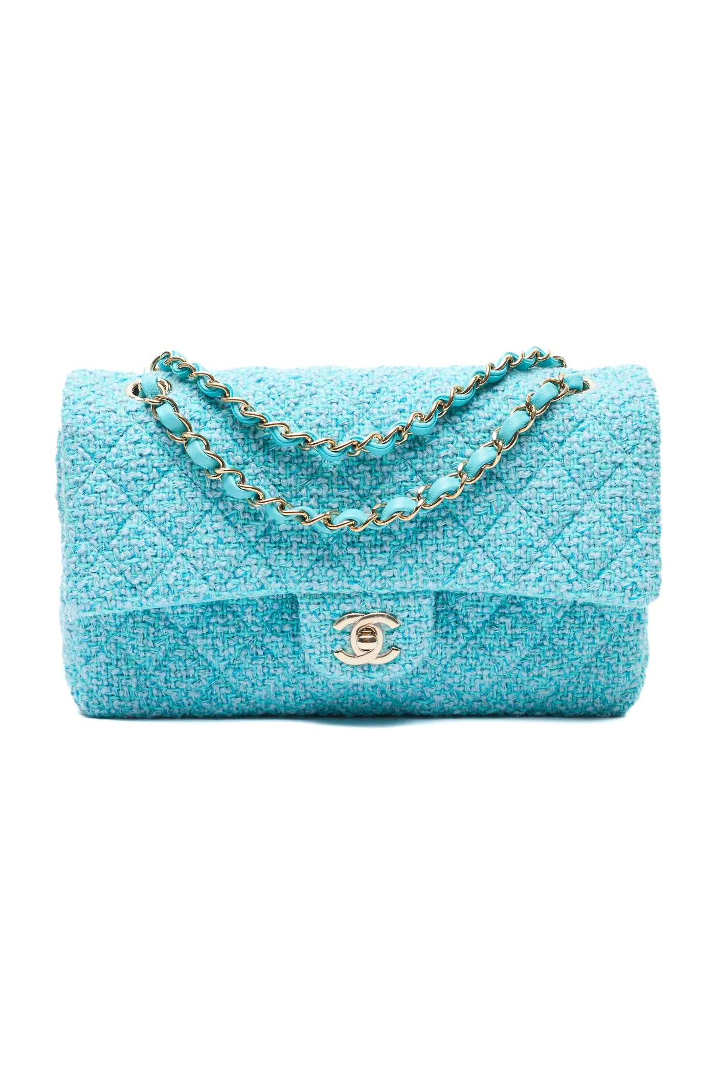Chanel Teal Tweed Medium Classic Double Flap