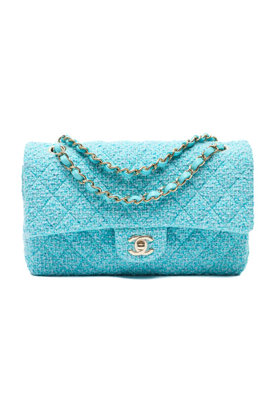 Chanel Teal Tweed Medium Classic Double Flap