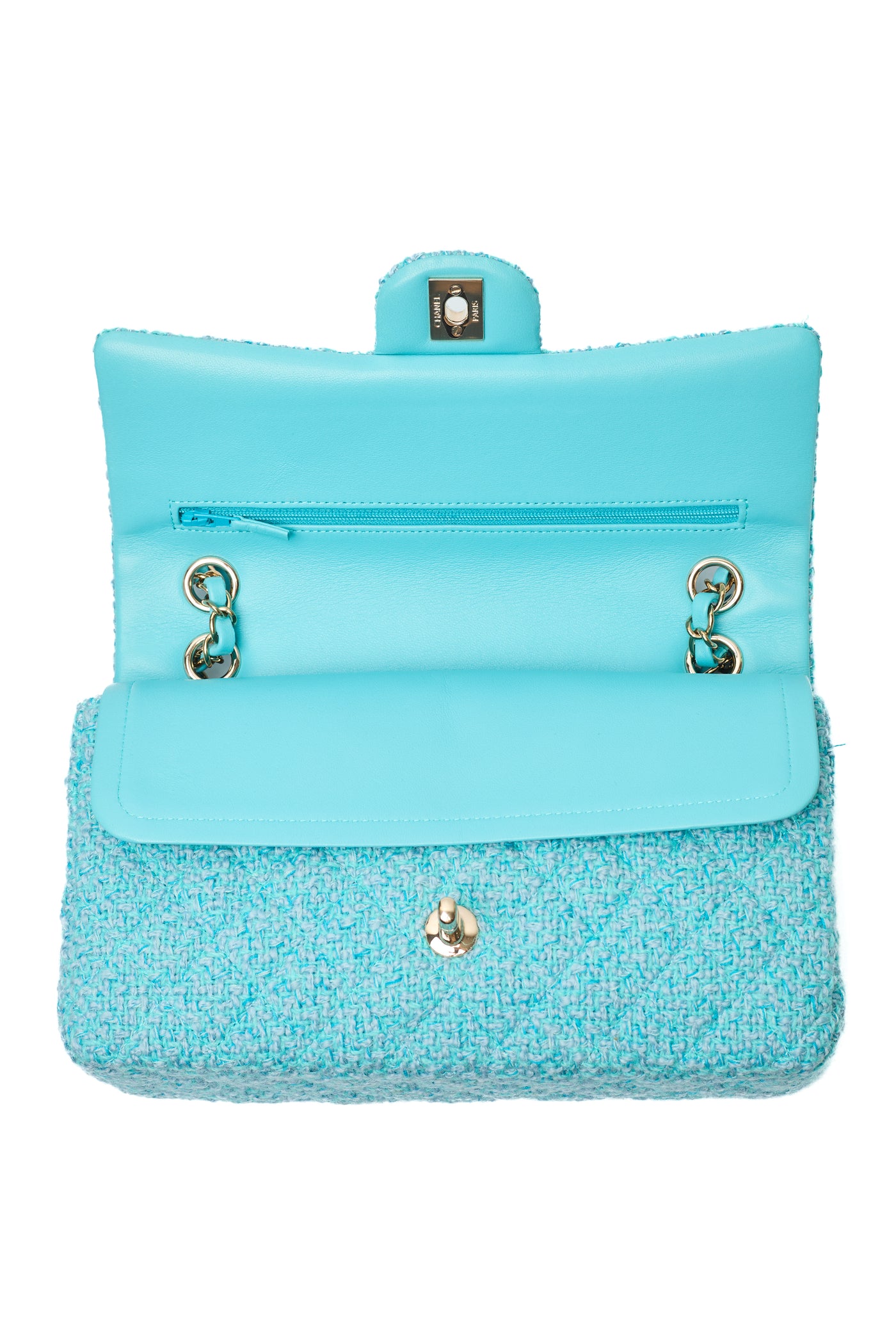 Chanel Teal Tweed Medium Classic Double Flap